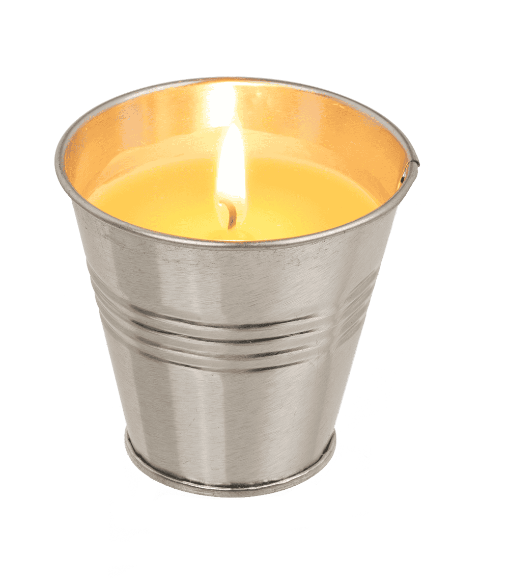 Lemon-scented candle in zinc pot,