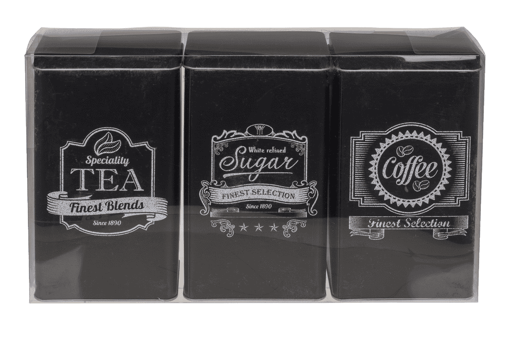Black rectangular tin box, Coffee, Tea & Sugar,