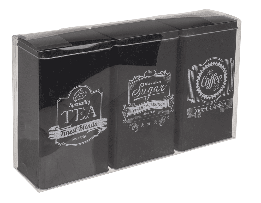 Black rectangular tin box, Coffee, Tea & Sugar,
