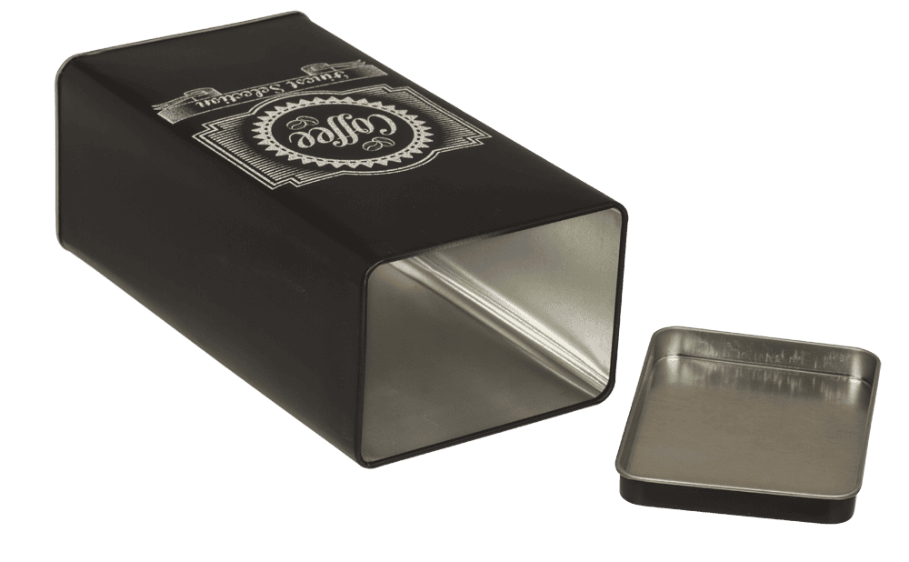 Black rectangular tin box, Coffee, Tea & Sugar,