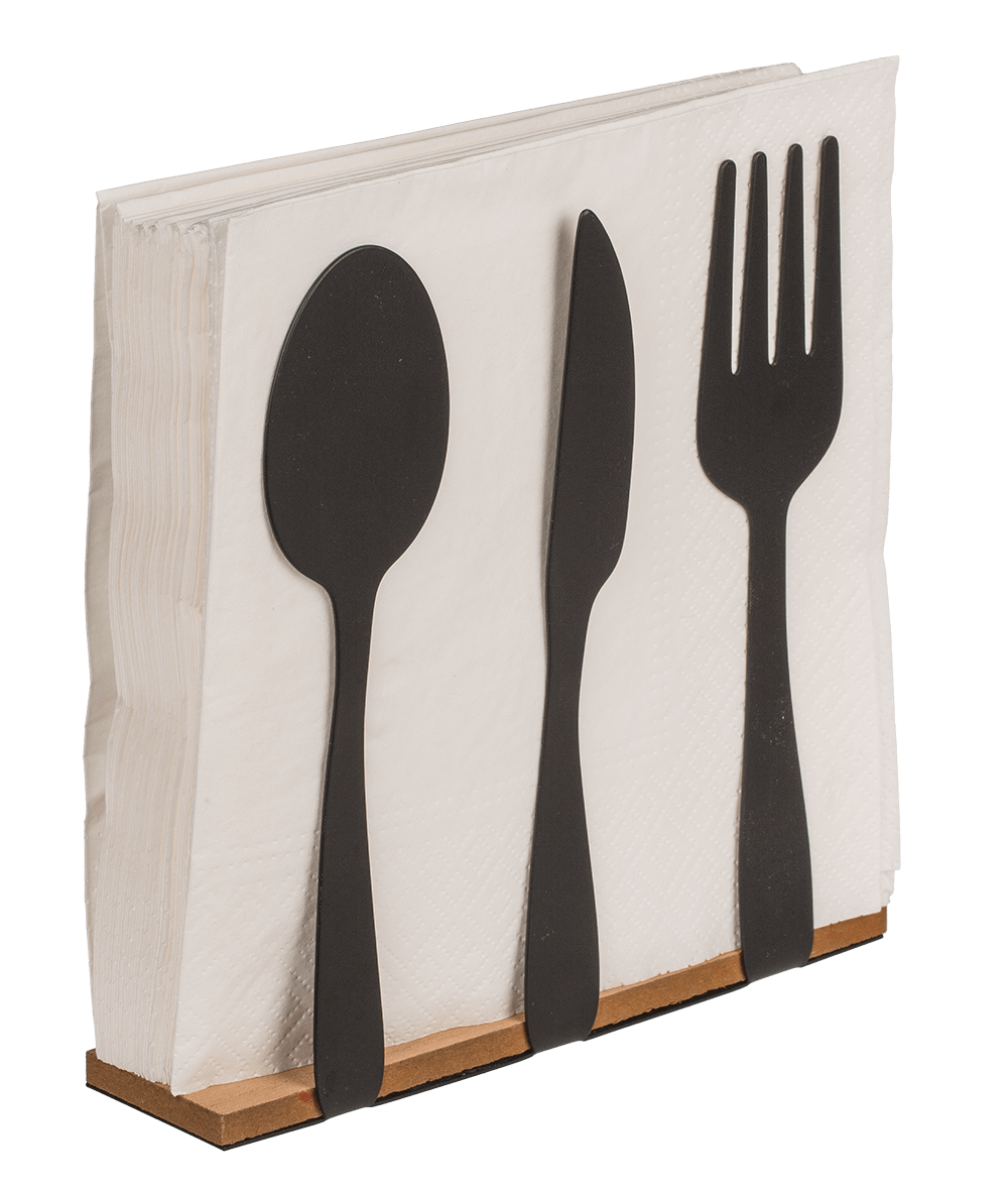 Black metal tissue holder, cutlery, with wooden