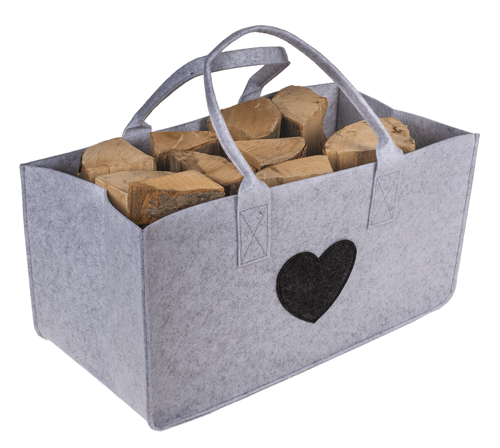 Grey felt bag for wood, with heart,
