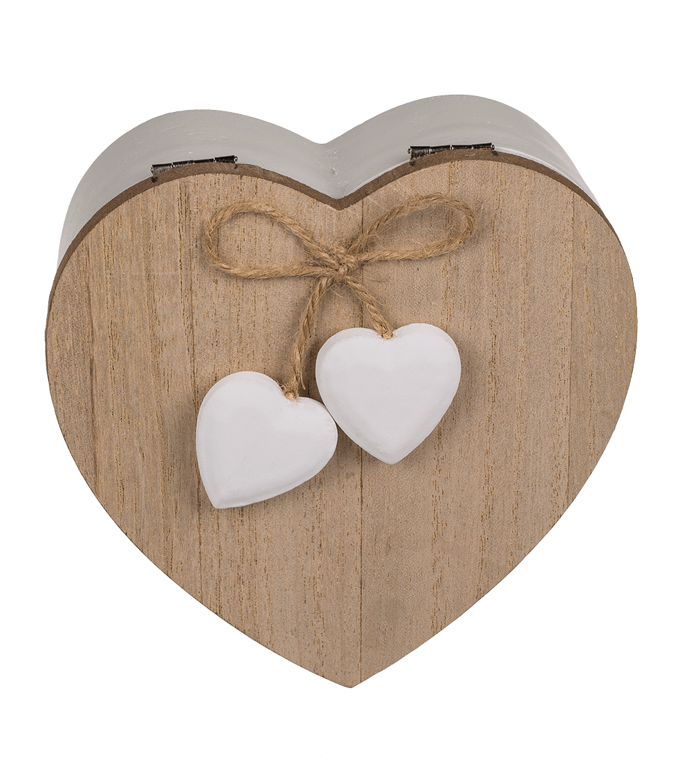 White heart shaped wooden box with wooden