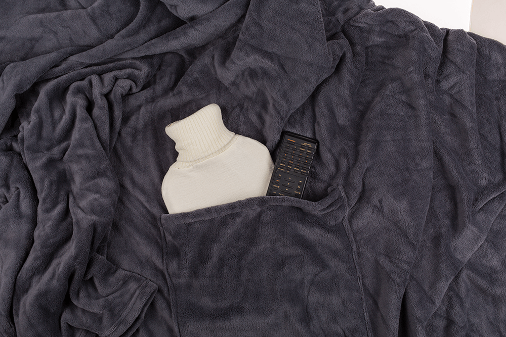 Grey comfort blanket with sleeves & pockets,