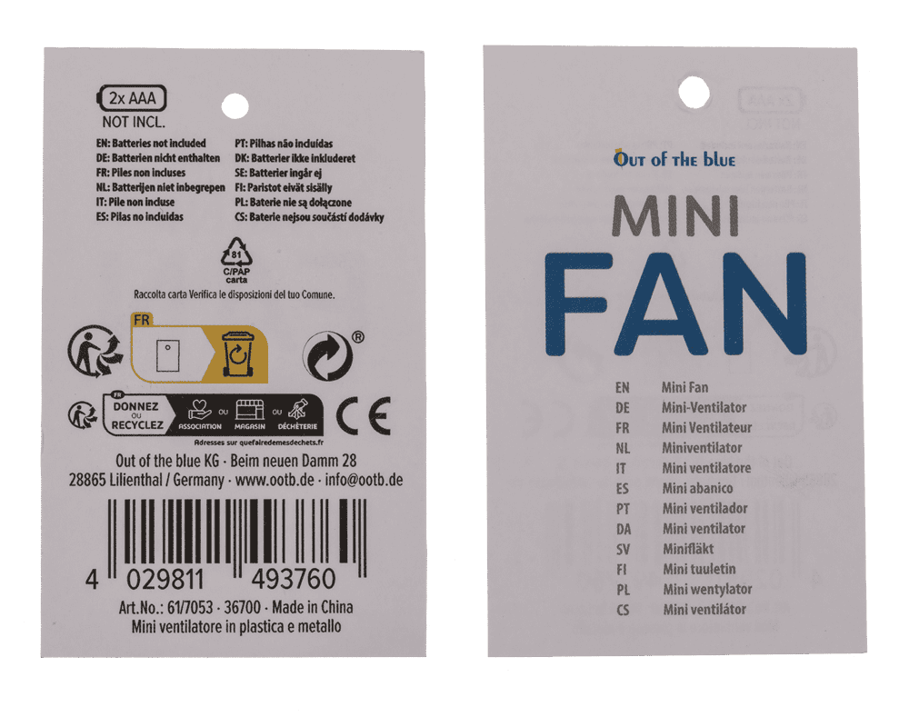 Fan with lanyard, 6 x 3.5 x 12.5 cm,