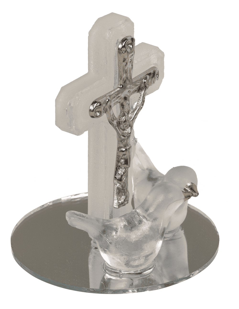 Glass cross with doves, 2 colours ass., 4 x 5 cm,