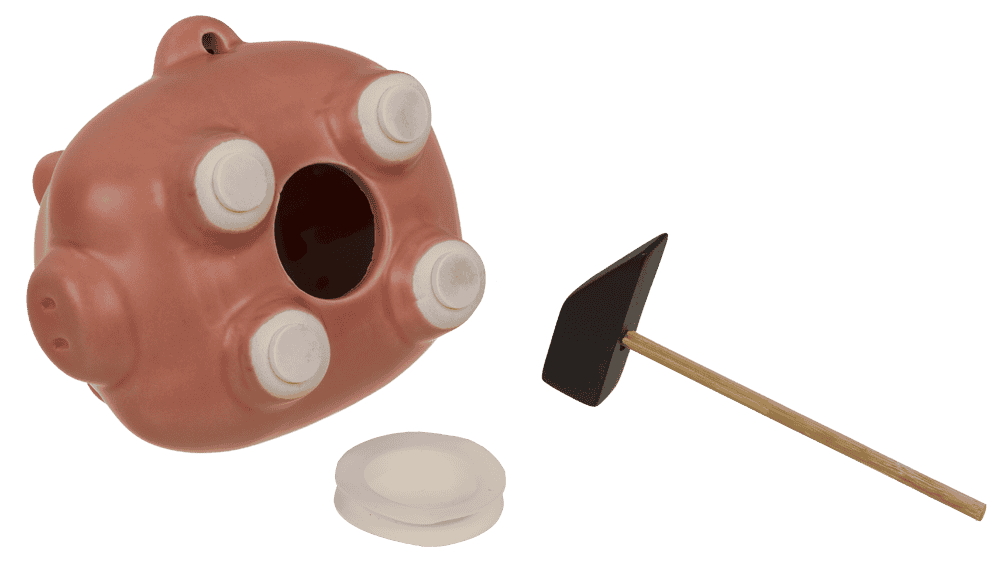 Hucha, cerdo cómico con martillo