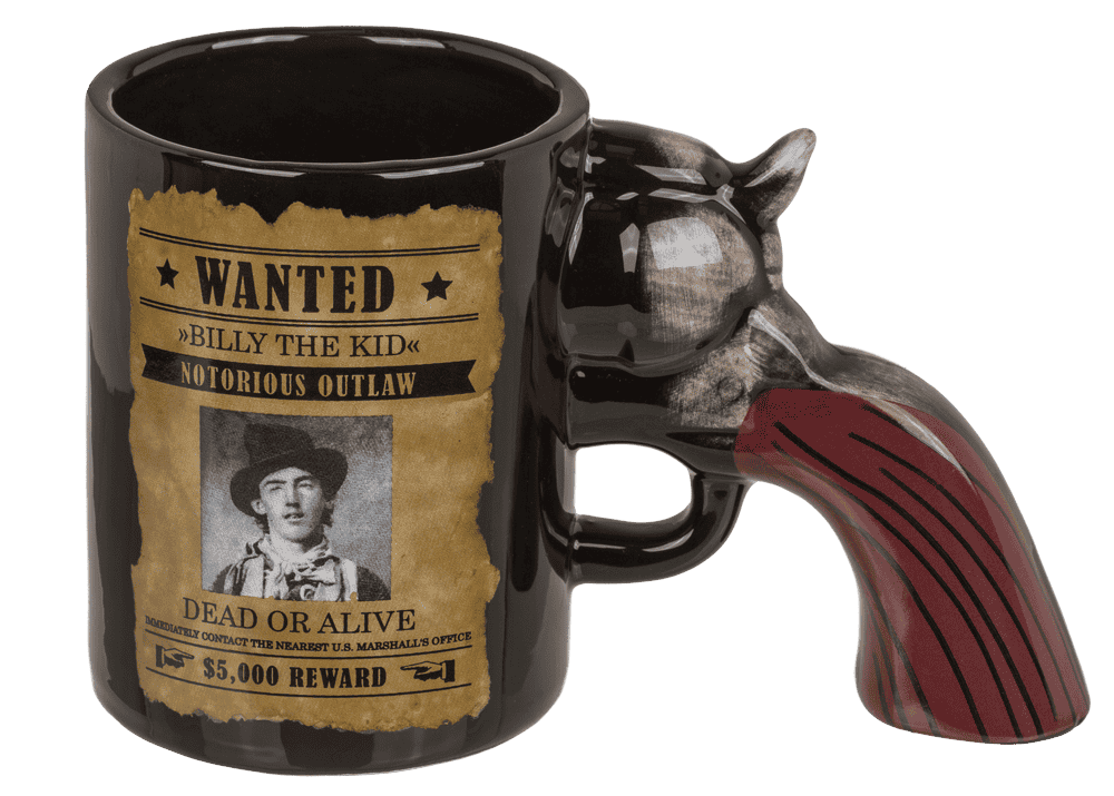 Ceramic mug, Wanted Poster with revolver handle,