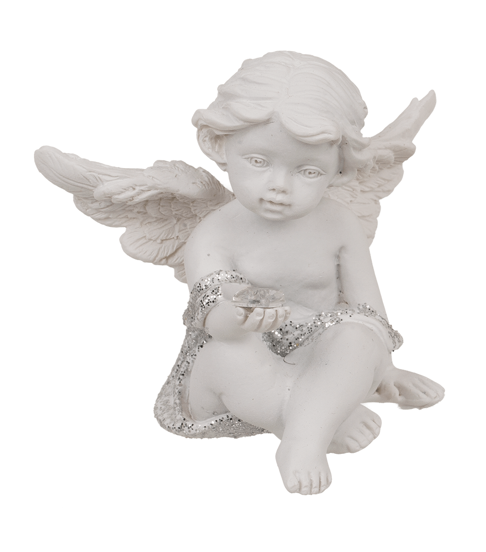 Sitting polyresin angel with crystal heart,