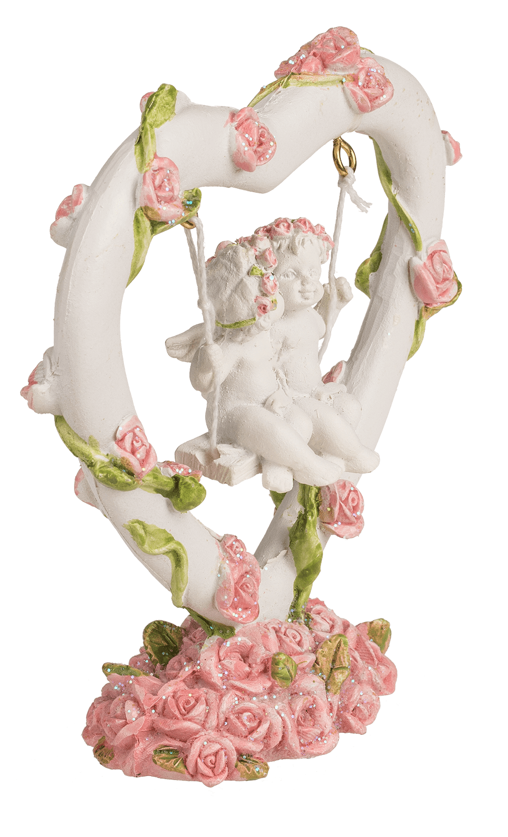 Polyresin angel couple in heart swing with pink,