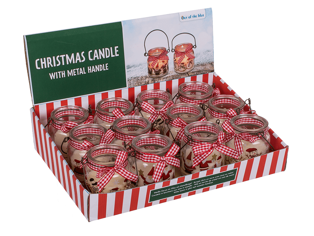 Candle in glass with metal handle,