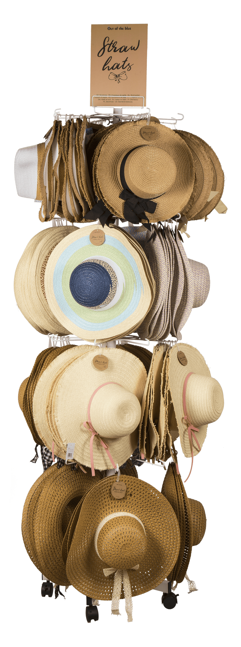 Présentoir au sol rotatif, chapeaux de paille