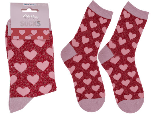 Glitter socks, hearts, size 36-42,