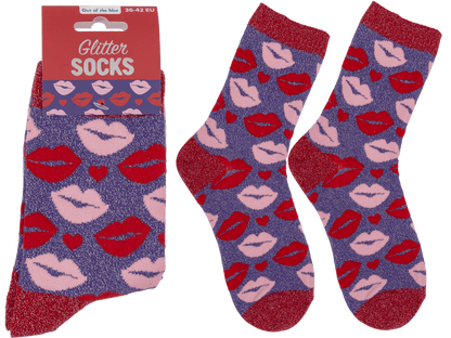 Glitter socks, kissing mouth, size 36-42,