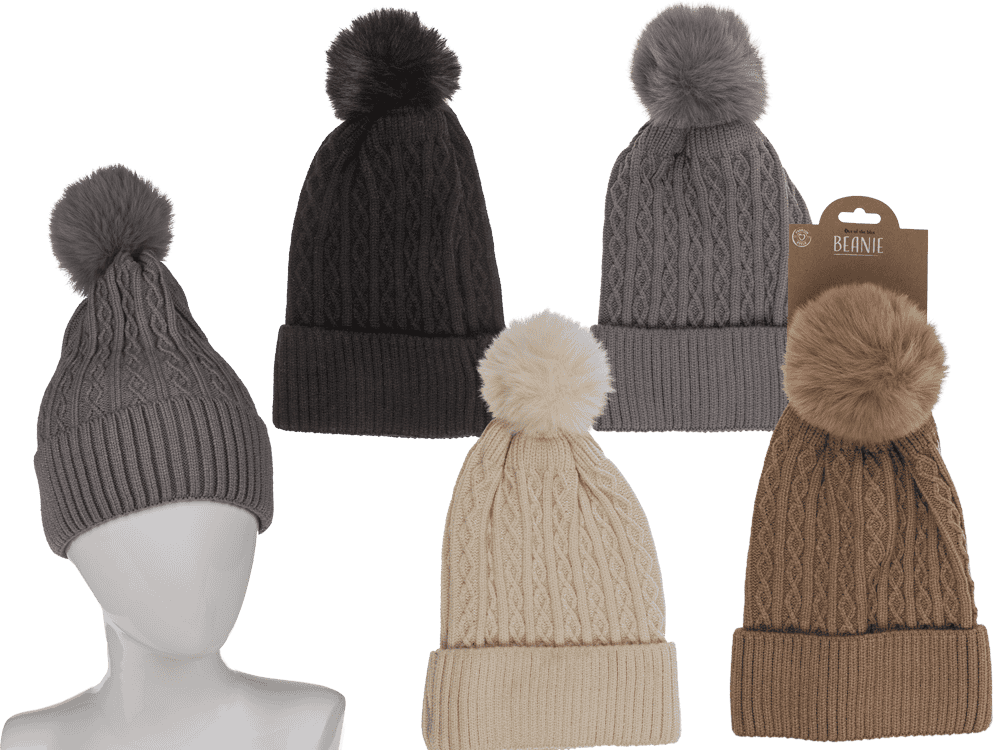 Ladies beanie with fake pur pompom,