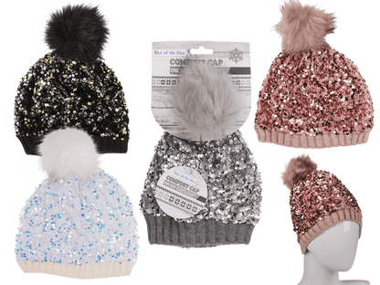 Comfort cap with artifical fur pompom & sequins