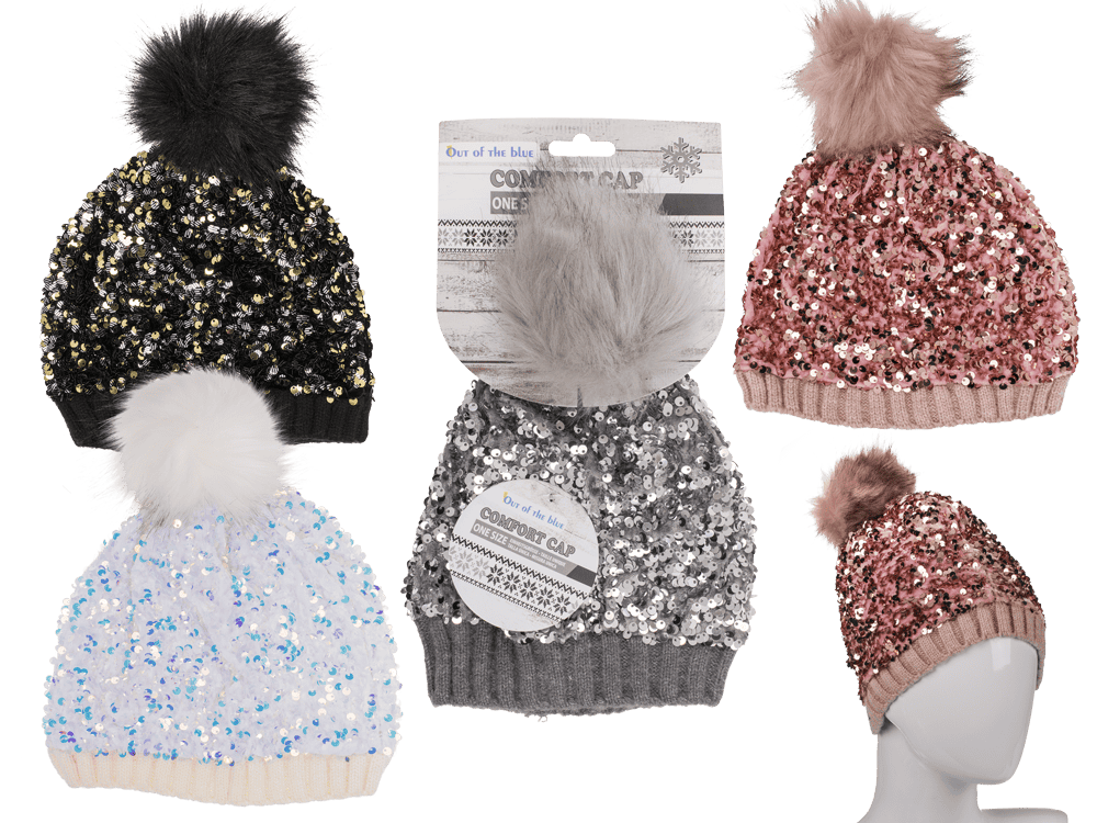 Comfort cap with artifical fur pompom & sequins
