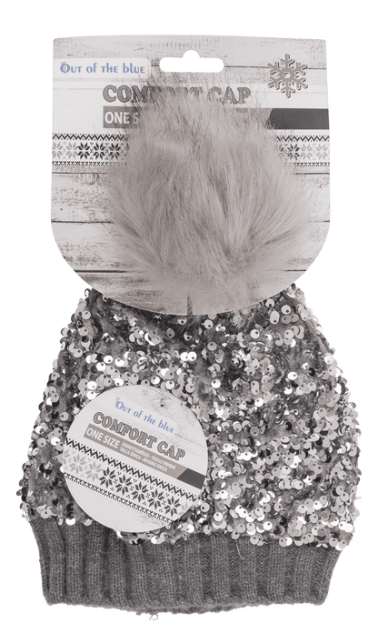 Comfort cap with artifical fur pompom & sequins