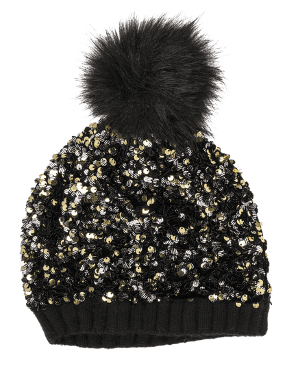 Comfort cap with artifical fur pompom & sequins