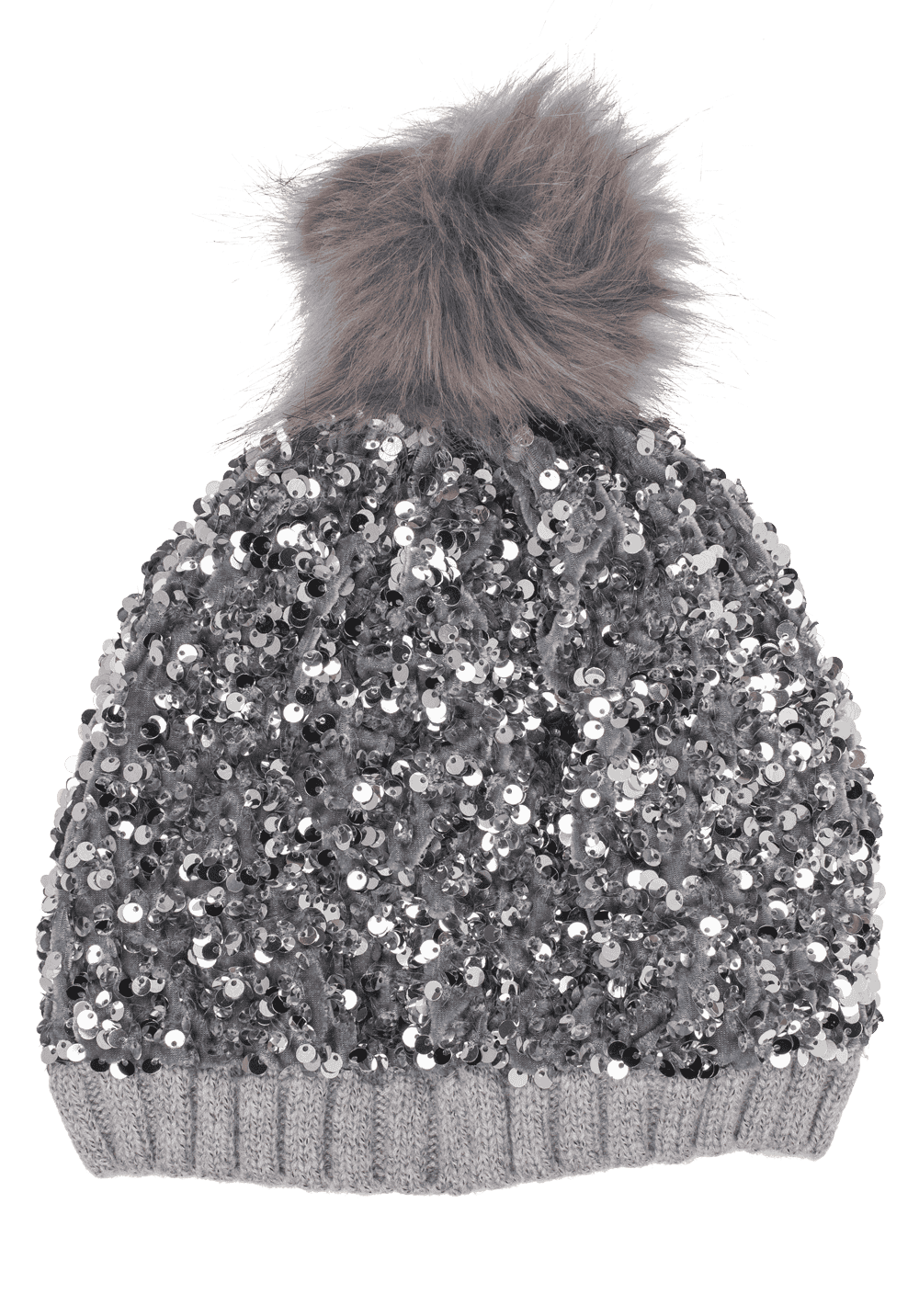 Comfort cap with artifical fur pompom & sequins