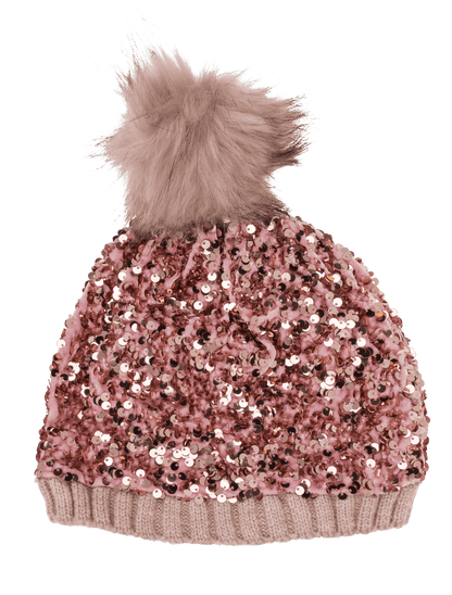 Comfort cap with artifical fur pompom & sequins