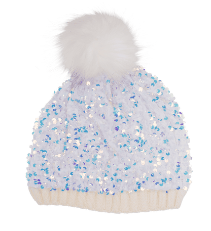 Comfort cap with artifical fur pompom & sequins
