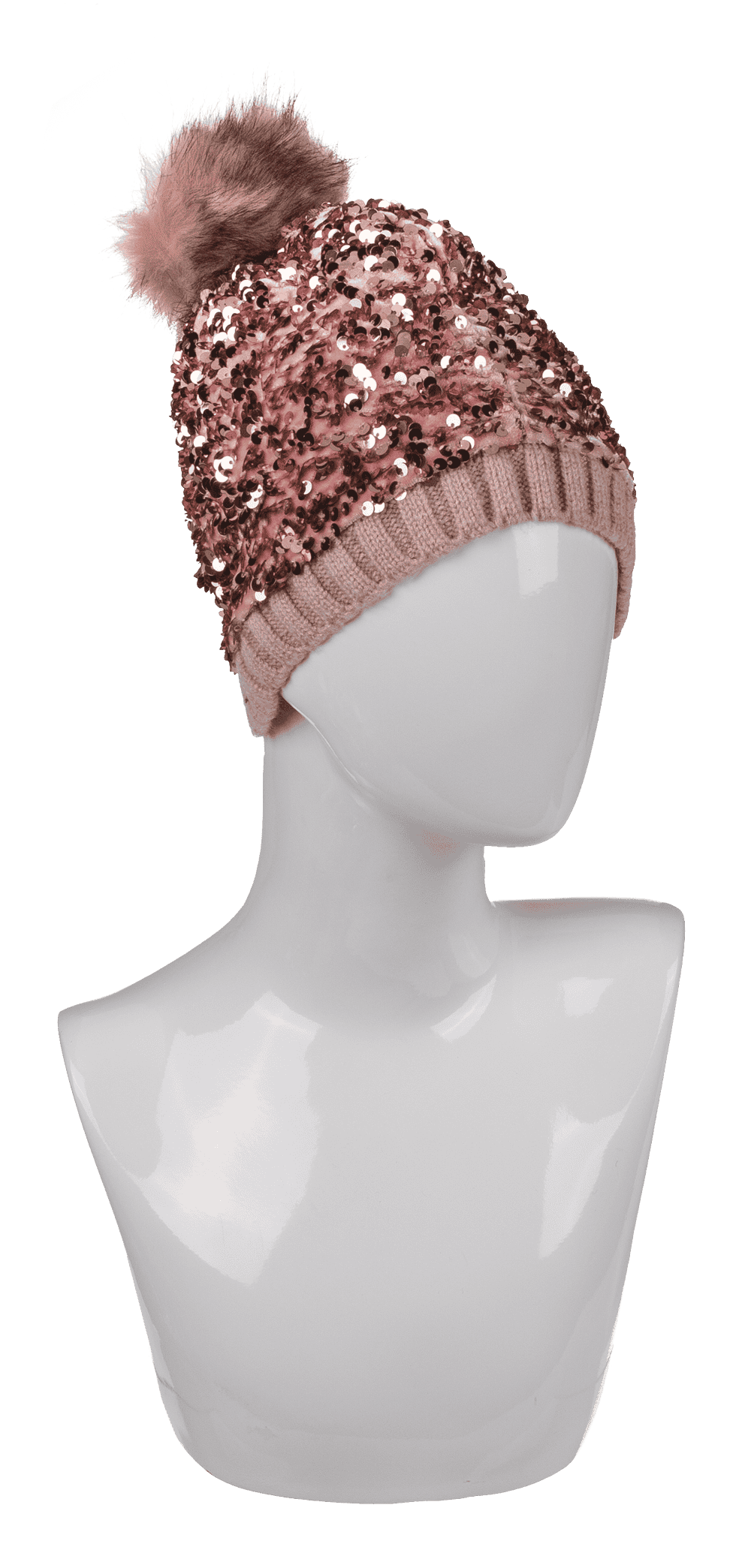 Comfort cap with artifical fur pompom & sequins