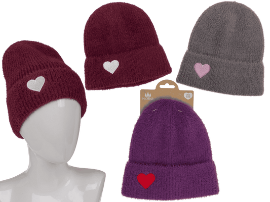 Fuzzy beanie, with embroidered heart,