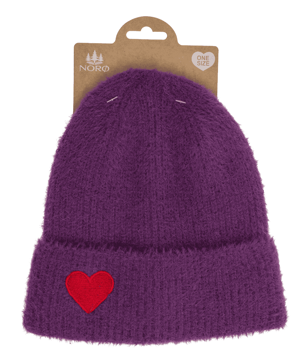 Fuzzy beanie, with embroidered heart,