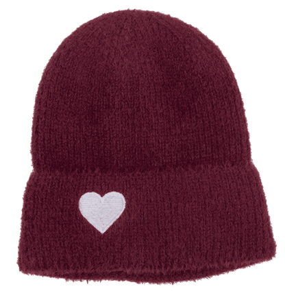 Fuzzy beanie, with embroidered heart,