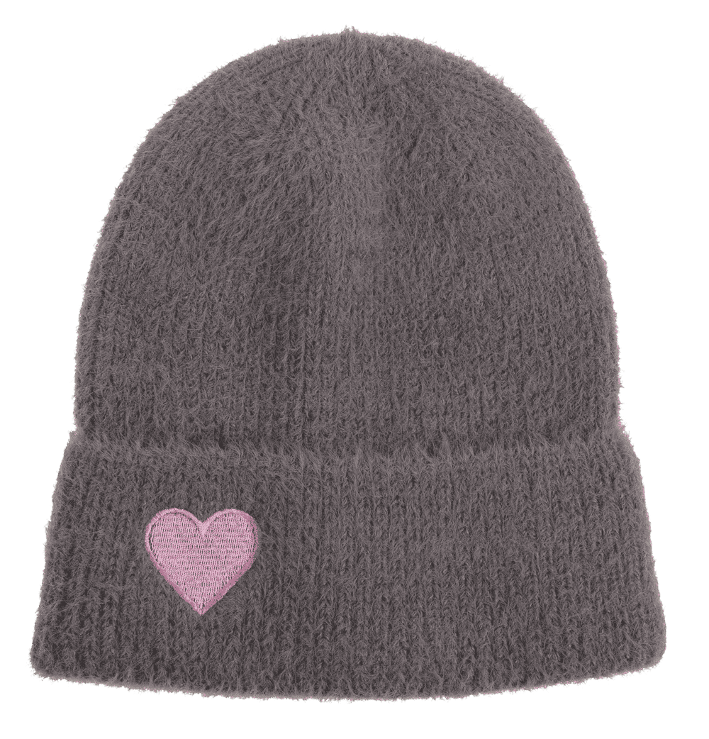 Fuzzy beanie, with embroidered heart,