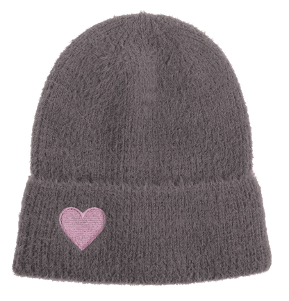 Fuzzy beanie, with embroidered heart,
