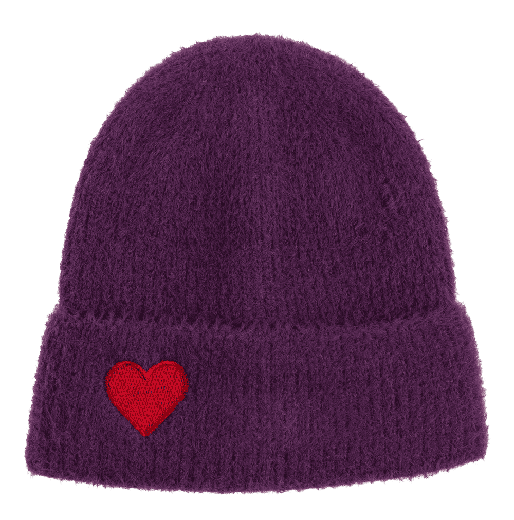 Fuzzy beanie, with embroidered heart,