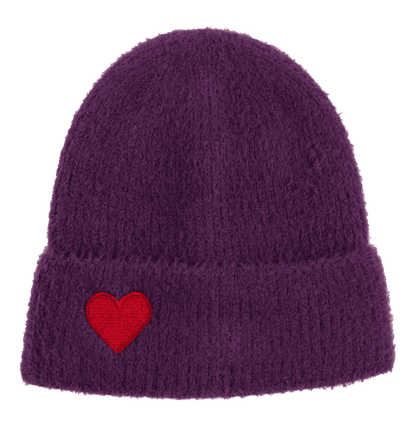 Fuzzy beanie, with embroidered heart,