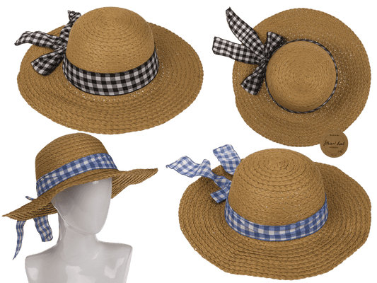 Straw hat with plaid ribbon, Classic,