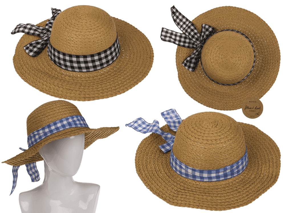 Straw hat with plaid ribbon, Classic,