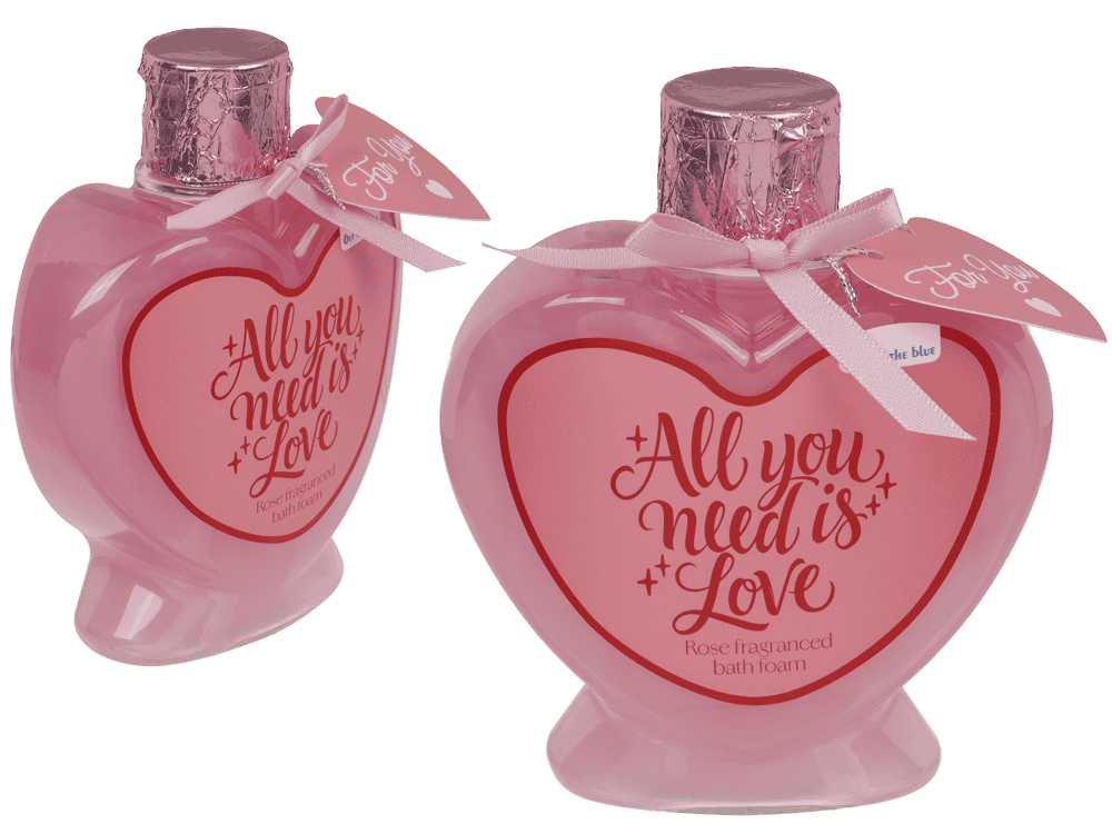 10-5023_000.png Roze hartvormige fles met bubb bath, rozengeur, 200 ml, met lint en hangtags, navulbaar.