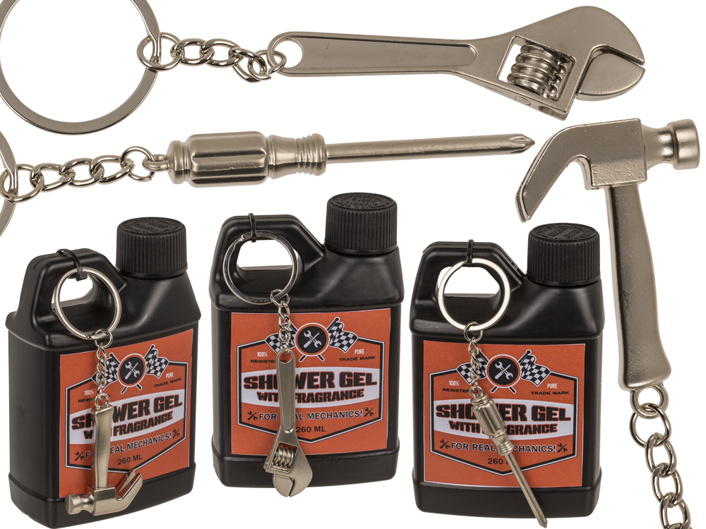 Showergel in motoroliecanisters met metalen sleutelhanger, 260 ml, geurdosering 0,15%, 3 varianten zichtbaar.