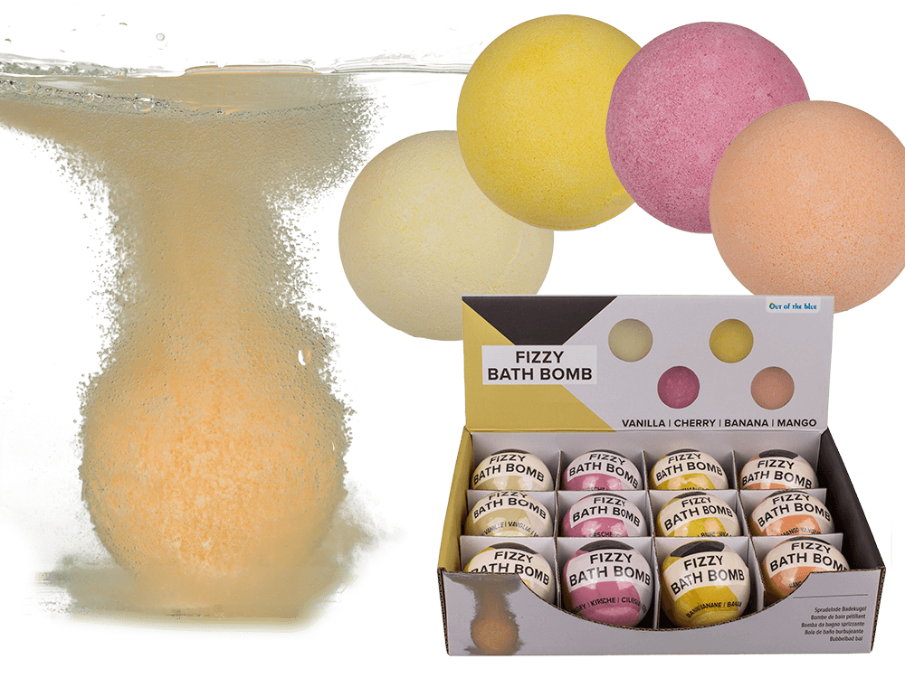 10-5039_000.png Fizzy bath bombs in verschillende kleuren: geel, roze en wit, verpakt in een display met 12 stuks. Gewicht: ca. 180 g.
