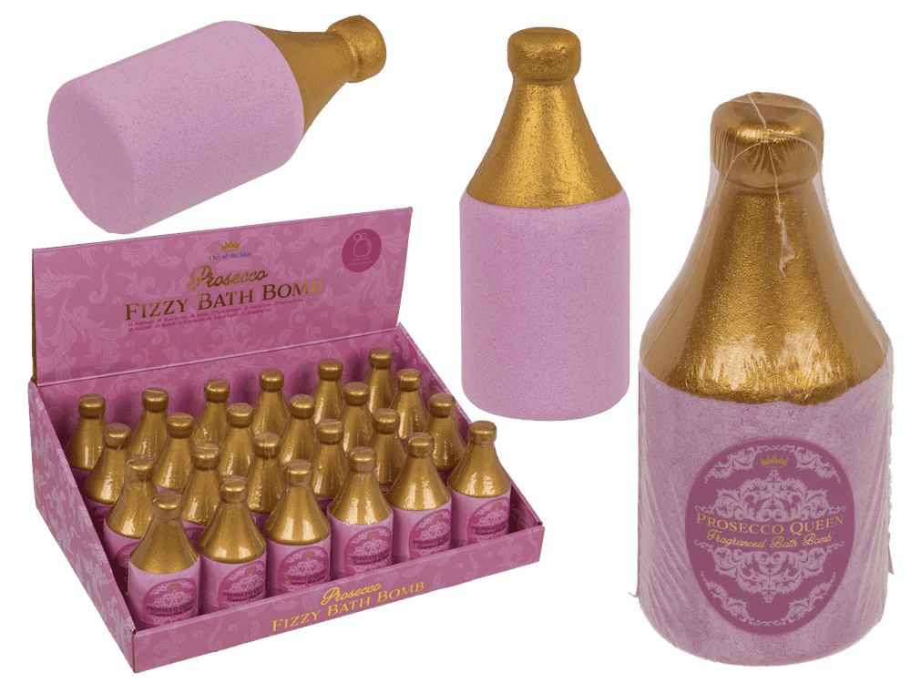 10-5066_000.png Fizzy bath bomb in de vorm van een Prosecco-fles, roze met gouden details, 180 g, 24 stuks in een display.