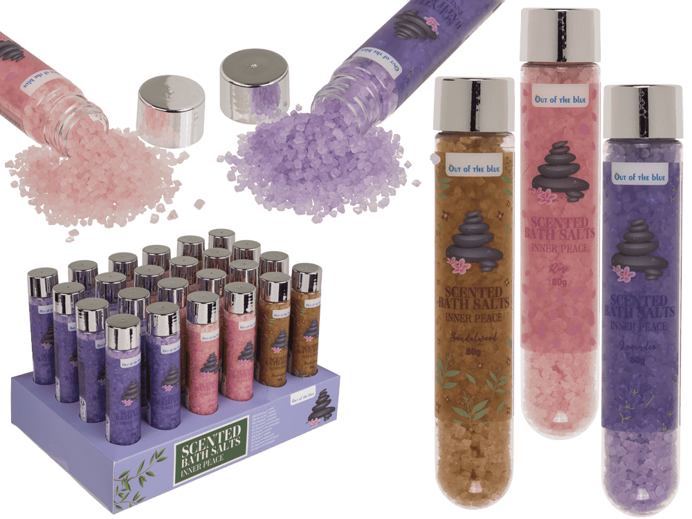 Scented bath salts Inner Peace in plastic tubes, 80g, met 3 geuren, 24 stuks per tray, kleurrijke zoutkorrels zichtbaar.
