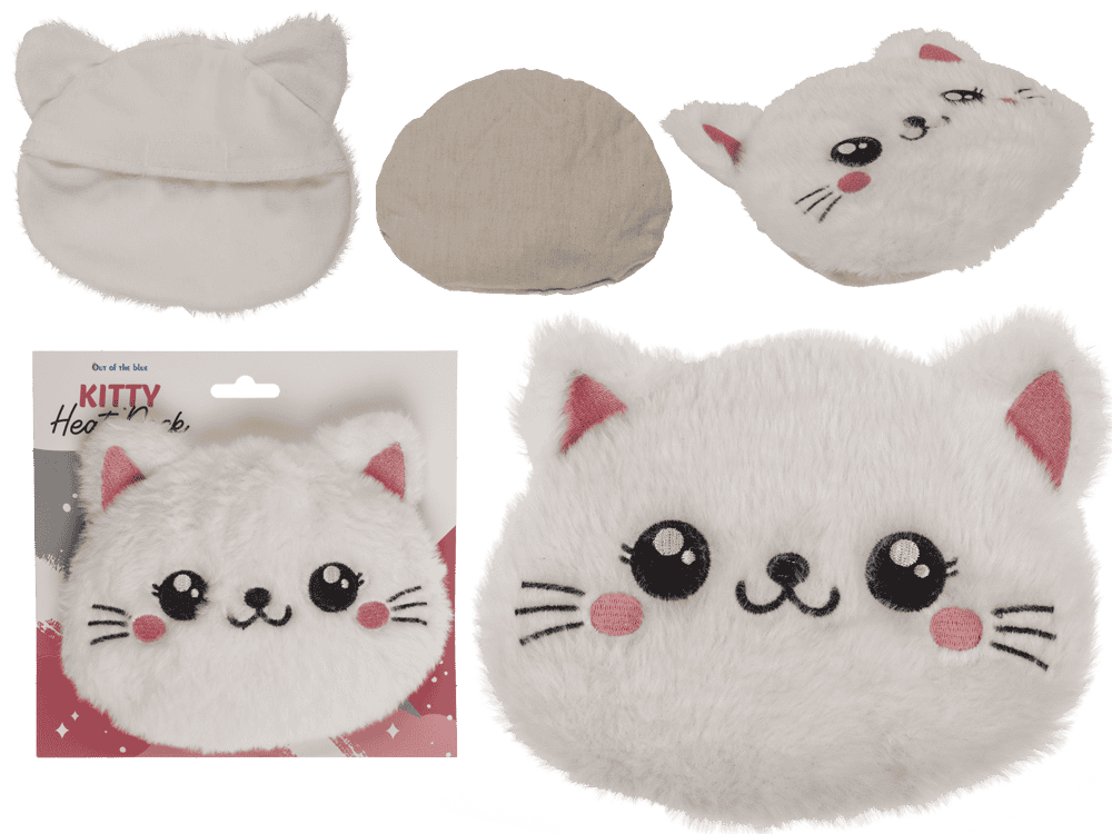 Witte kattenvormige warmtepakketten, 18 x 18 cm, met polyester hoes en kleiballen vulling, op headercard.