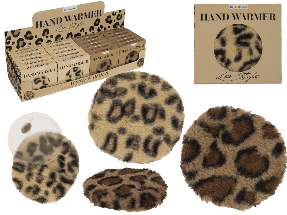 Hand warmer, leopard design, with plush cover,