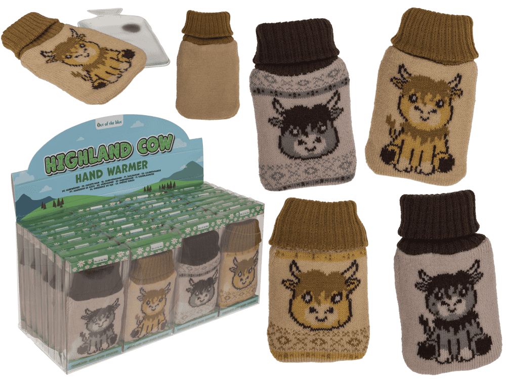 Hand warmer, Highland Cow, with knitted cover,