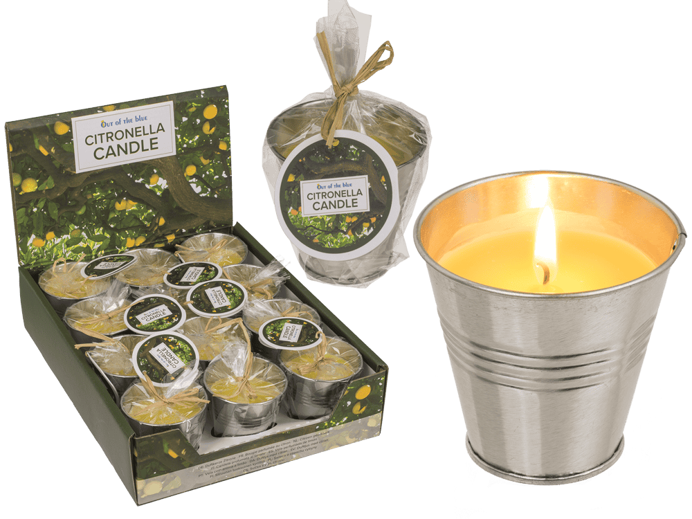 Lemon-scented candle in zinc pot,