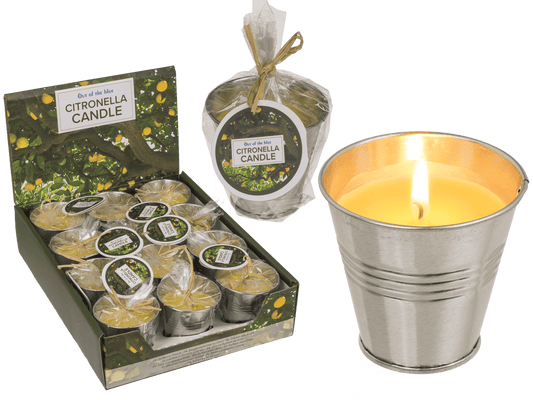Lemon-scented candle in zinc pot,
