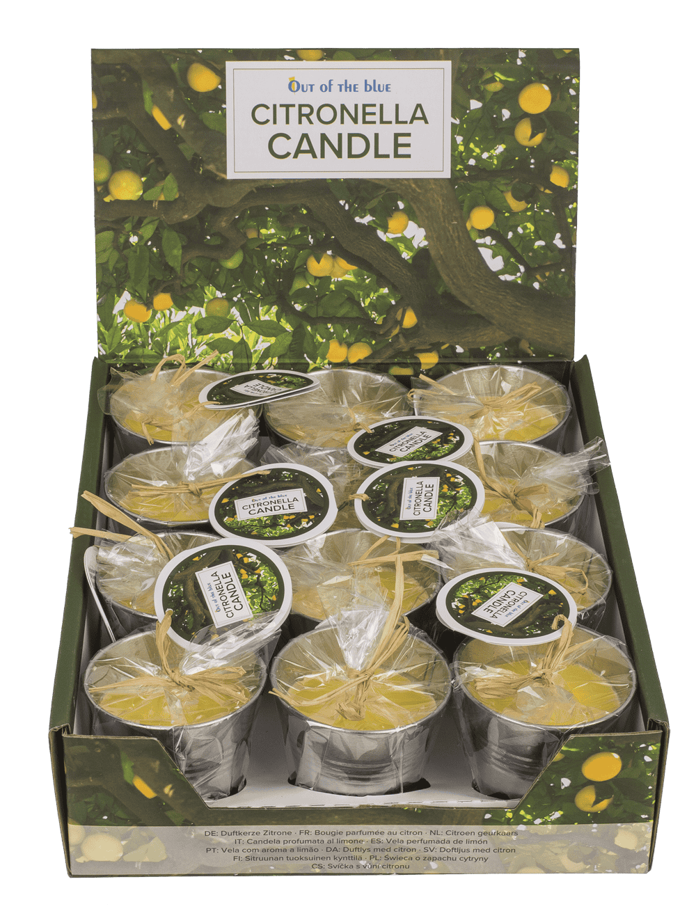 Lemon-scented candle in zinc pot,