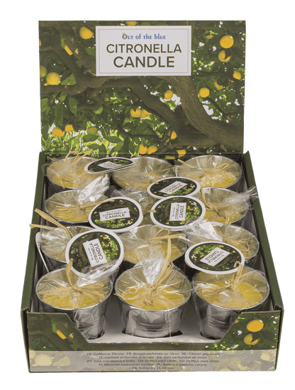 Lemon-scented candle in zinc pot,
