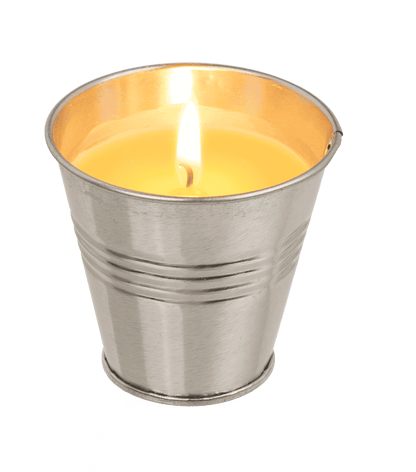 Lemon-scented candle in zinc pot,