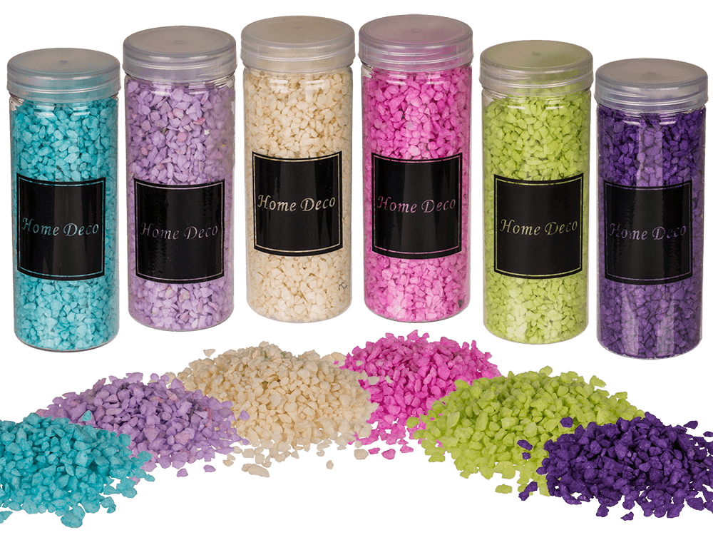 100129_000.png Coarse deco sand in 6 kleuren, verpakt in plastic potten van ca. 400 g, met labels Home Deco.